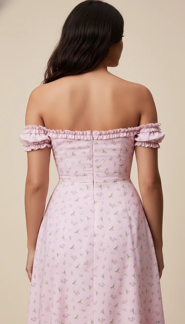 Robe Corset Bardot Fleurie Rose Poudré - Vue dos
