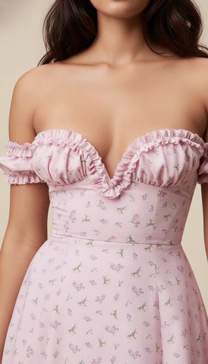 Robe Corset Bardot Fleurie Rose Poudré - Vue face