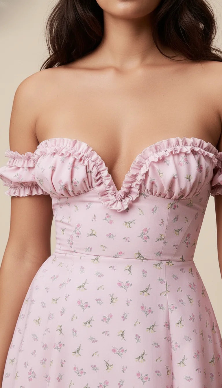 Robe Corset Bardot Fleurie Rose Poudré - Vue face
