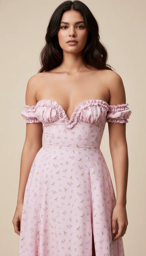 Robe Corset Bardot Fleurie Rose Poudré - Vue principale