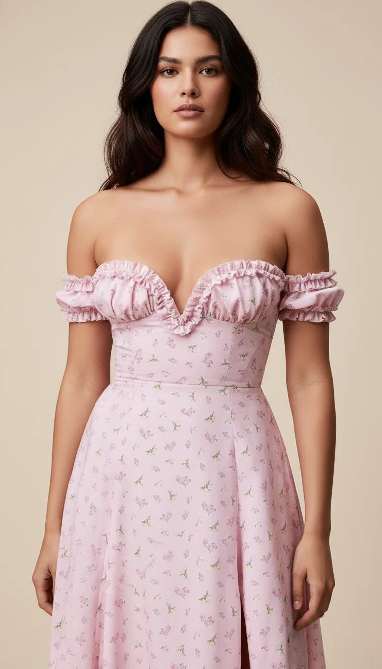 Robe Corset Bardot Fleurie Rose Poudré - Vue principale
