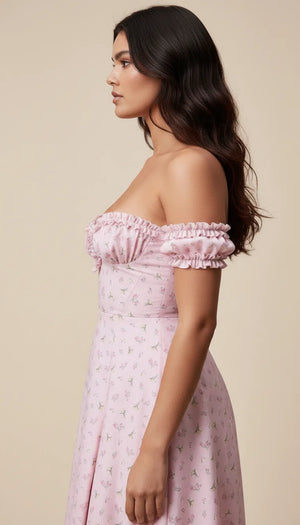 Robe Corset Bardot Fleurie Rose Poudré - Vue profil