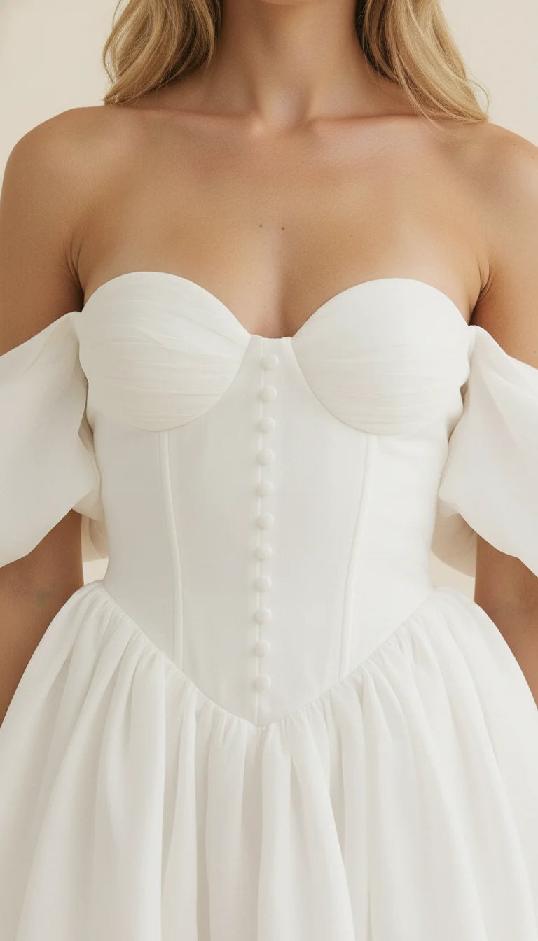 Robe Corset Blanche Manches Bouffantes - Vue face