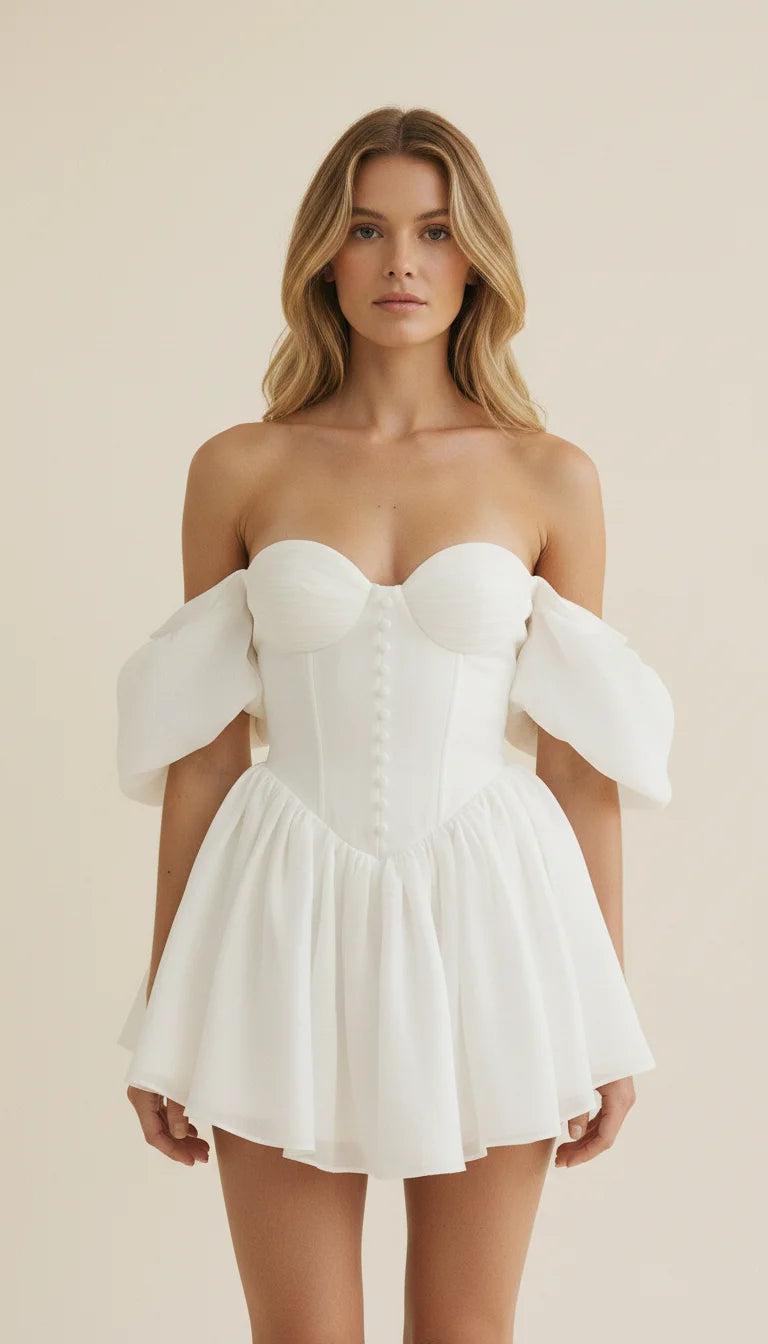 Robe Corset Blanche Manches Bouffantes - Vue principale