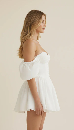 Robe Corset Blanche Manches Bouffantes - Vue profil