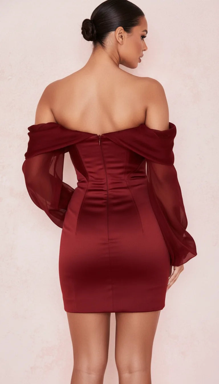 Robe Corset Bordeaux Manches Organza - Vue dos