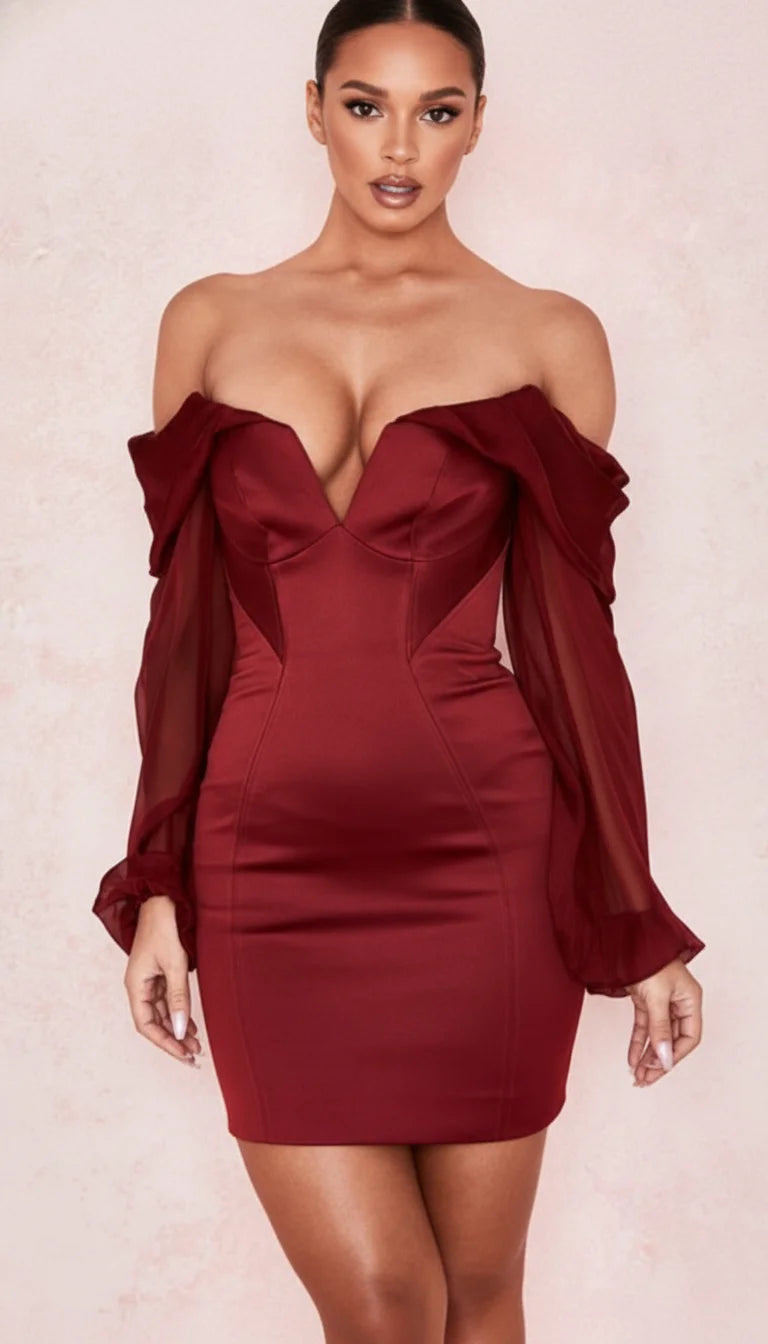 Robe Corset Bordeaux Manches Organza