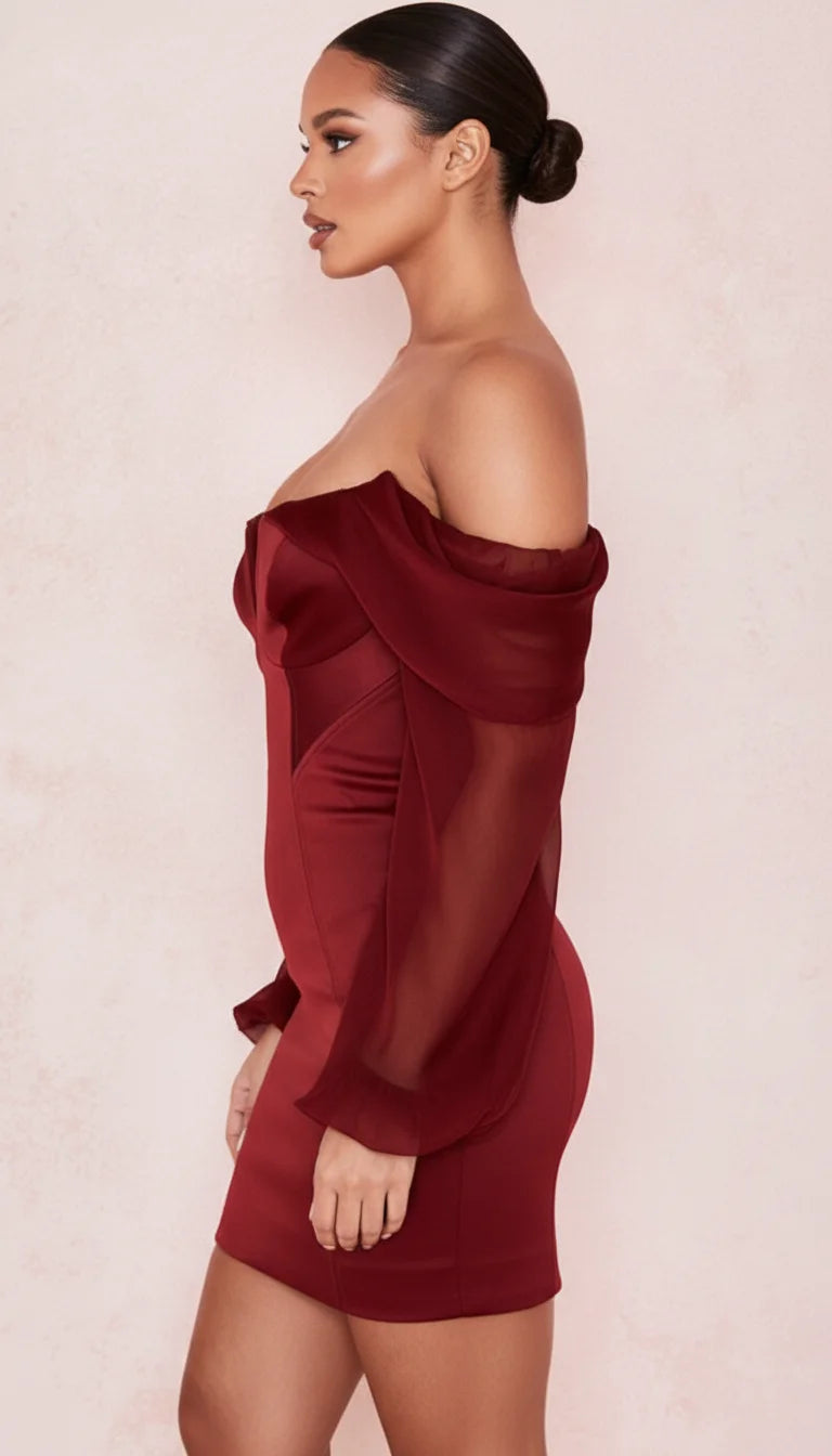 Robe Corset Bordeaux Manches Organza - Vue profil