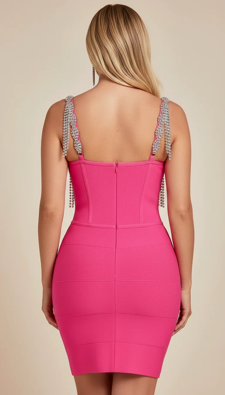 Robe Corset Bretelles Strass Fuchsia - Vue dos