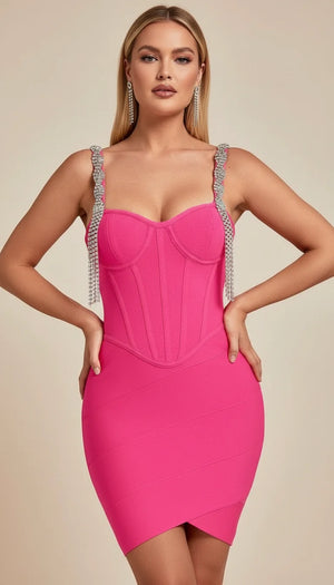Robe Corset Bretelles Strass Fuchsia - Vue principale
