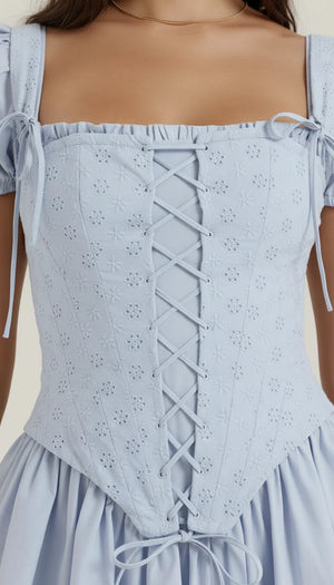 Robe Corset Broderie Anglaise Bleu Ciel - Vue face