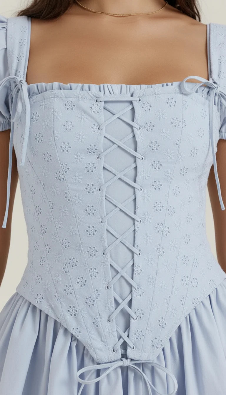 Robe Corset Broderie Anglaise Bleu Ciel - Vue face