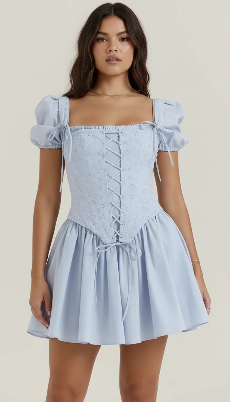 Robe Corset Broderie Anglaise Bleu Ciel - Vue principale