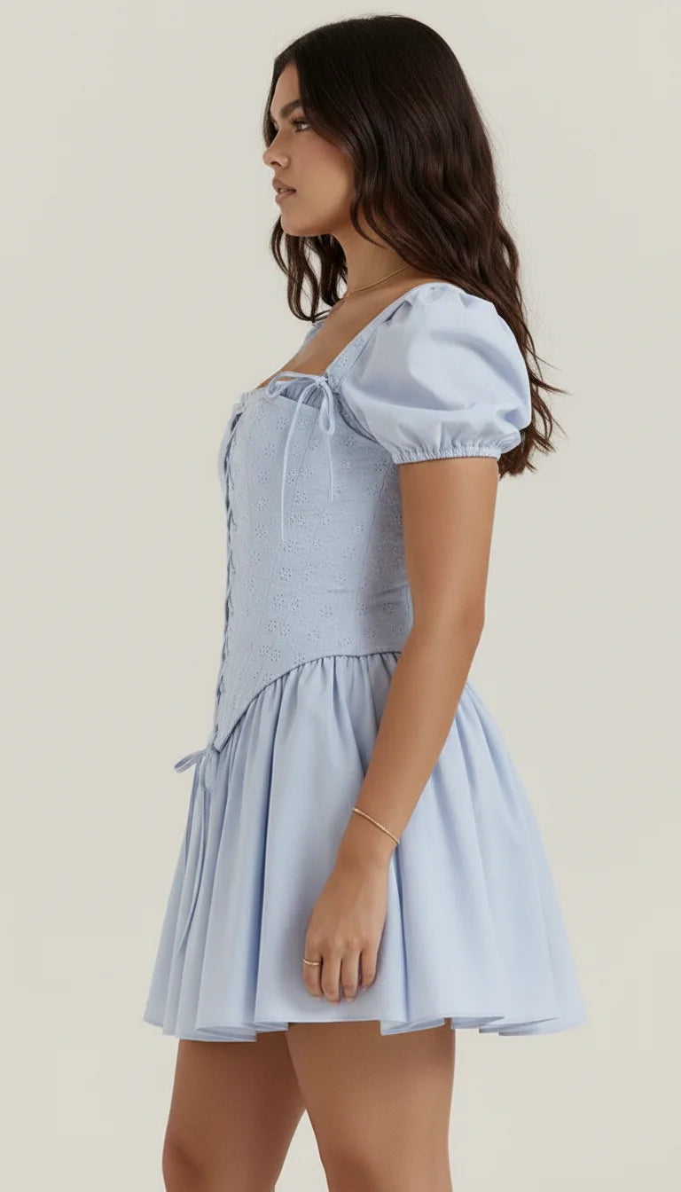 Robe Corset Broderie Anglaise Bleu Ciel - Vue profil