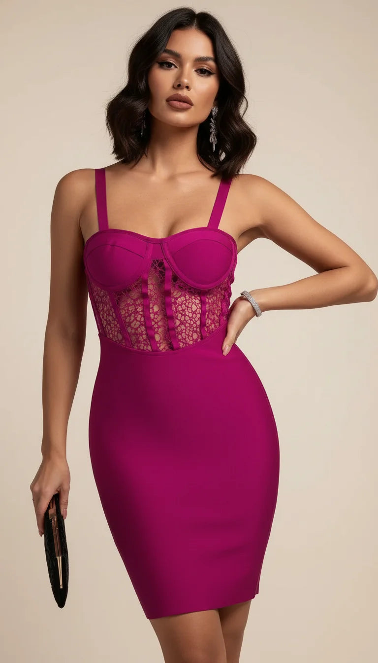 Robe Corset Bustier Dentelle Fuchsia - Vue principale
