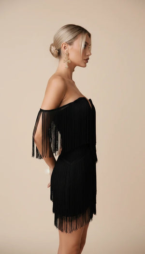 Robe Corset Bustier Franges Noire - Vue profil