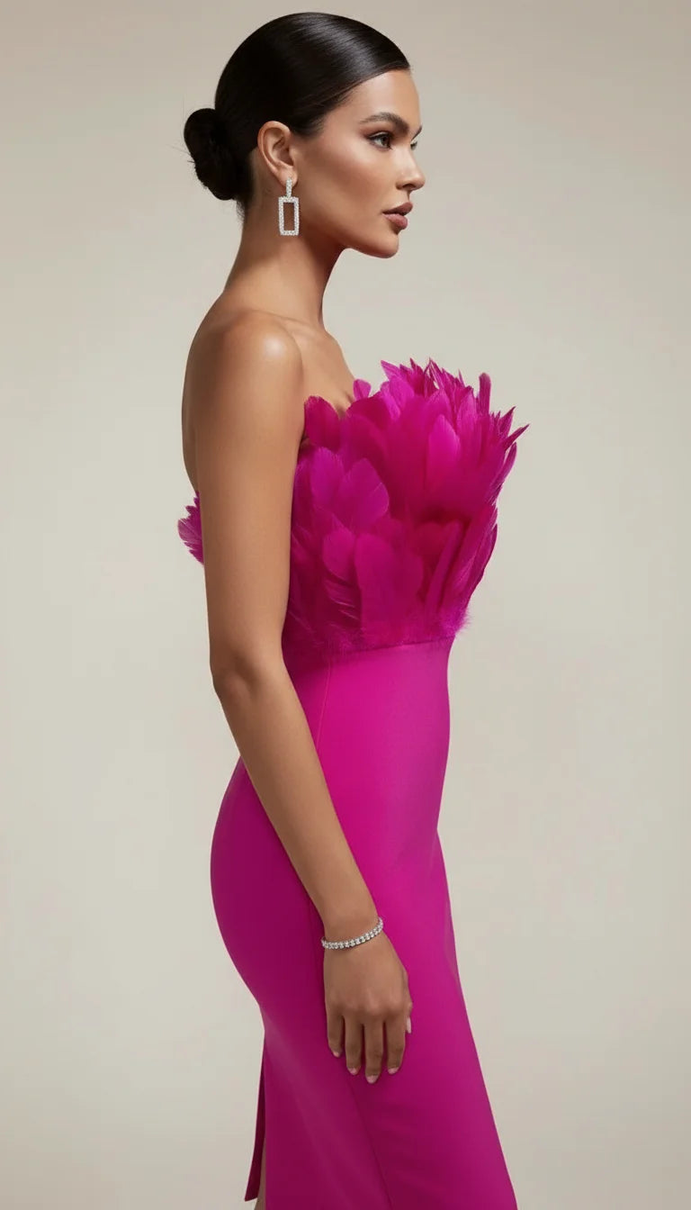 Robe Corset Bustier Plumes Fuchsia - Vue profil
