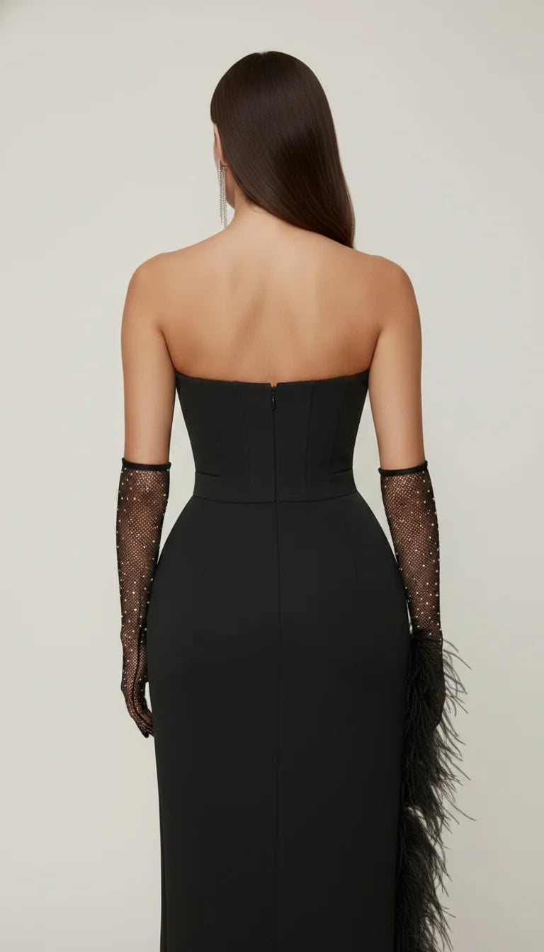 Robe Corset Bustier Plumes Noire - Vue dos