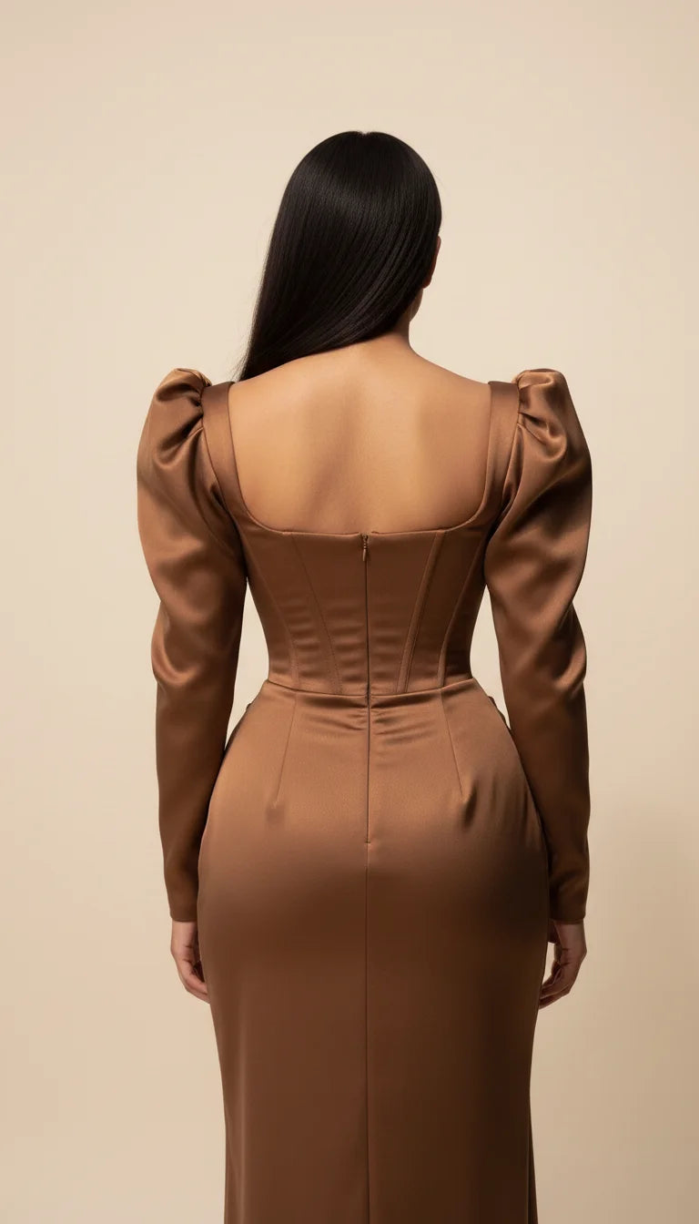 Robe Corset Bustier Satin Chocolat - Vue dos