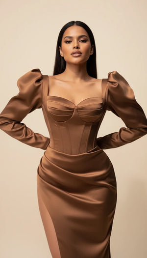 Robe Corset Bustier Satin Chocolat - Vue principale