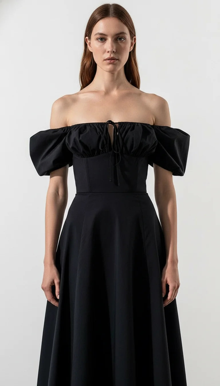 Robe Corset Coton Épaules Dénudées Noire - Vue principale