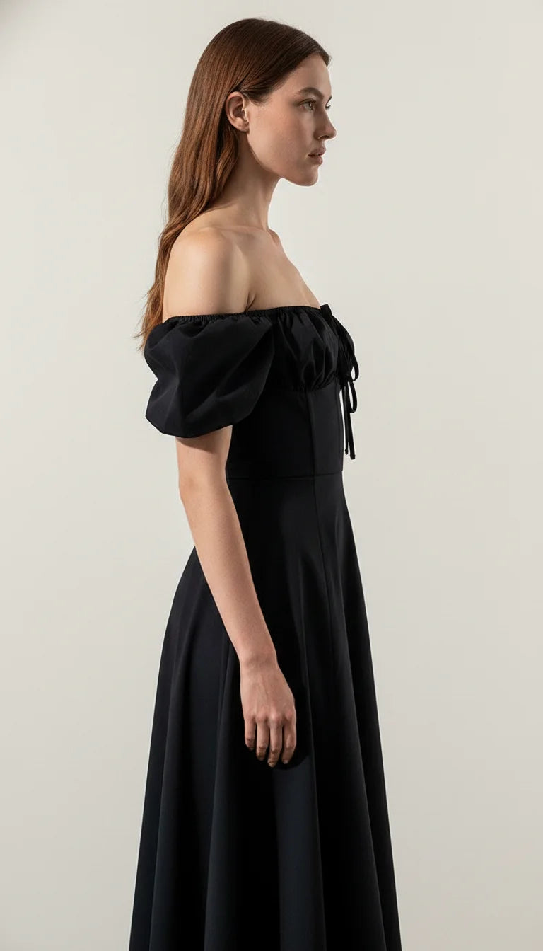 Robe Corset Coton Épaules Dénudées Noire - Vue profil