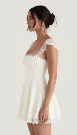 Robe Corset Courte Dentelle Écru - Vue face