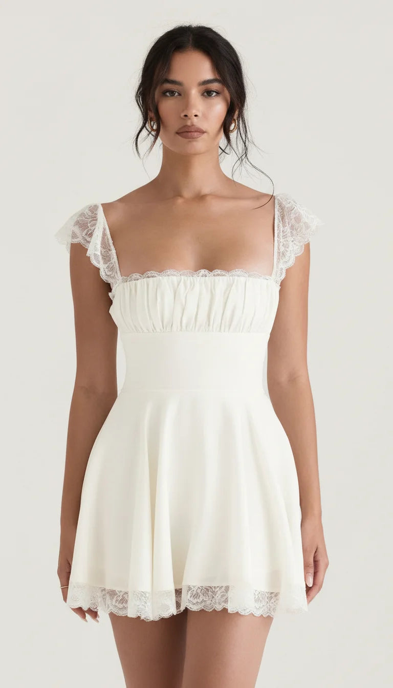 Robe Corset Courte Dentelle Écru - Vue principale