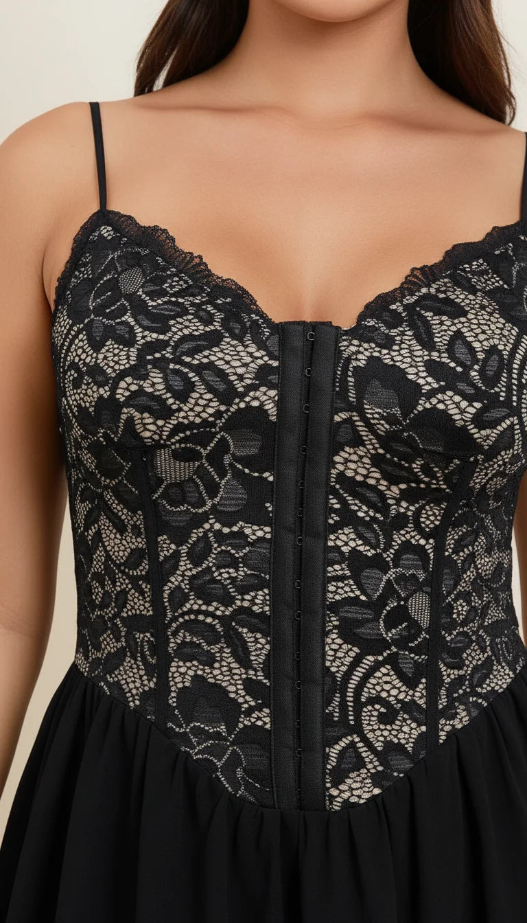 Robe Corset Courte Dentelle Noire - Vue face