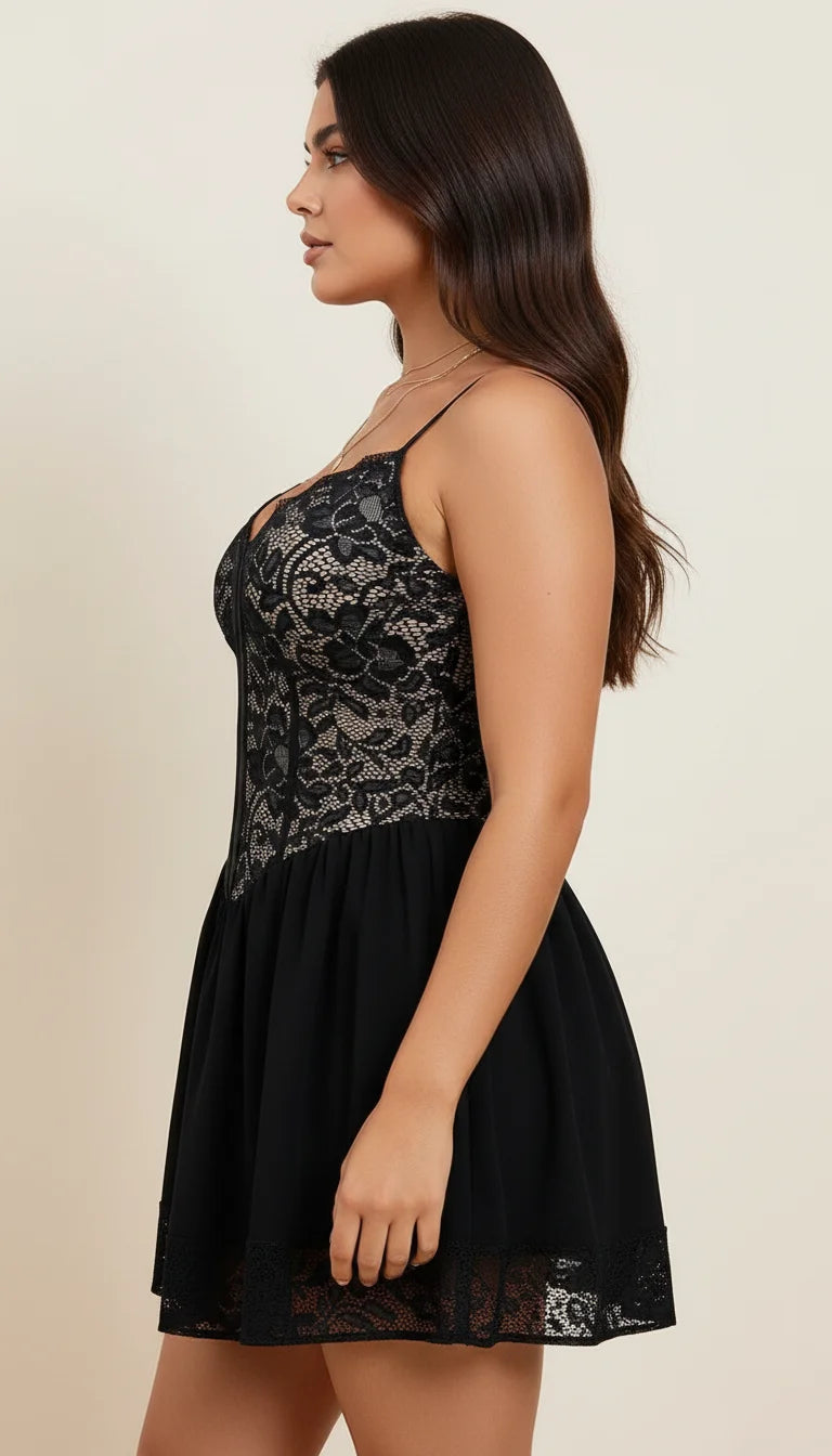 Robe Corset Courte Dentelle Noire - Vue profil
