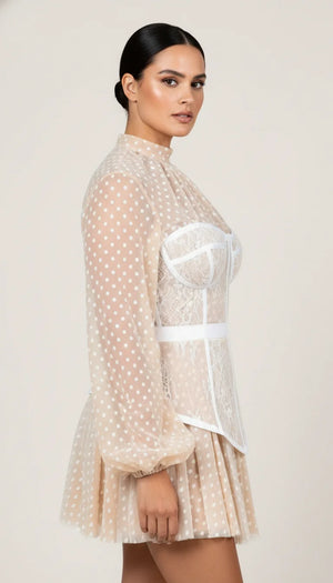 Robe Corset Courte Pois Crème - Vue profil