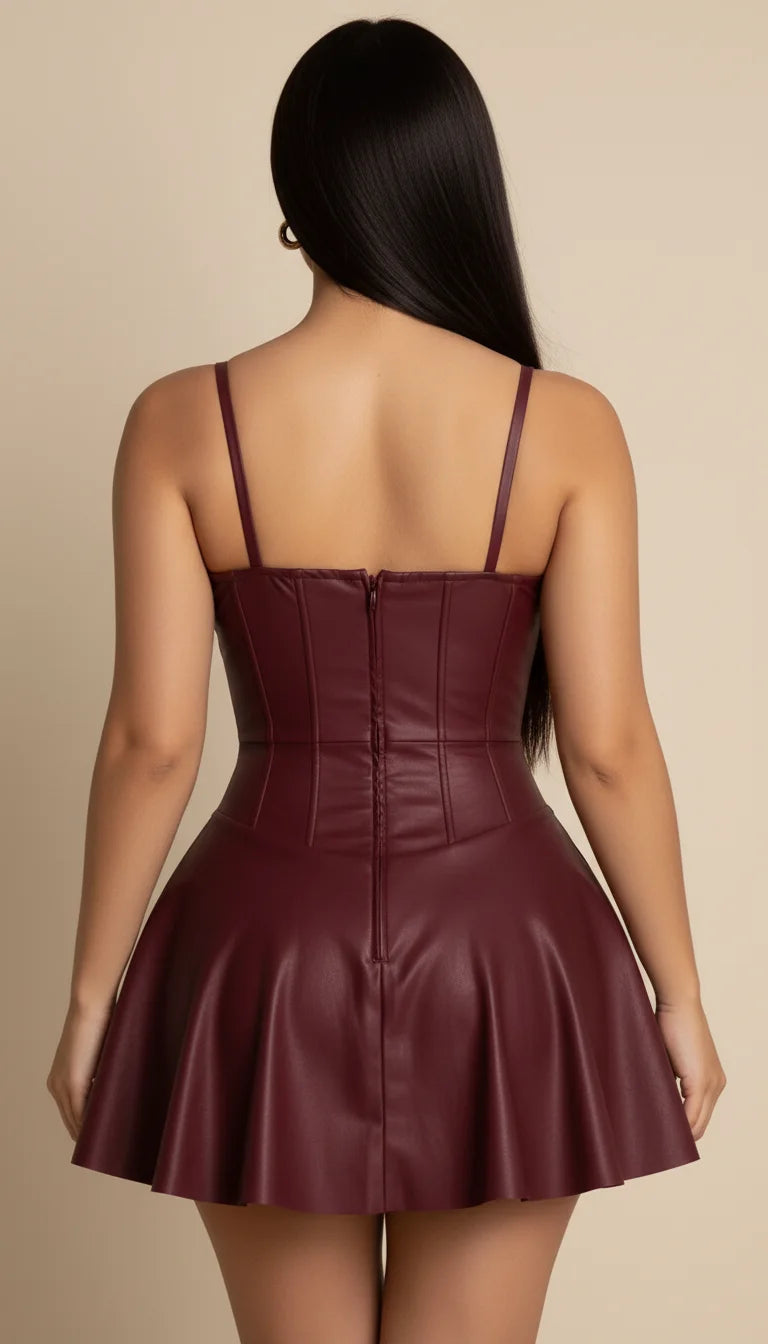 Robe Corset Courte Similicuir Bordeaux - Vue dos