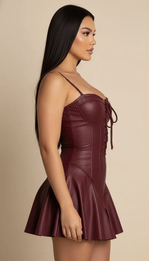 Robe Corset Courte Similicuir Bordeaux - Vue profil