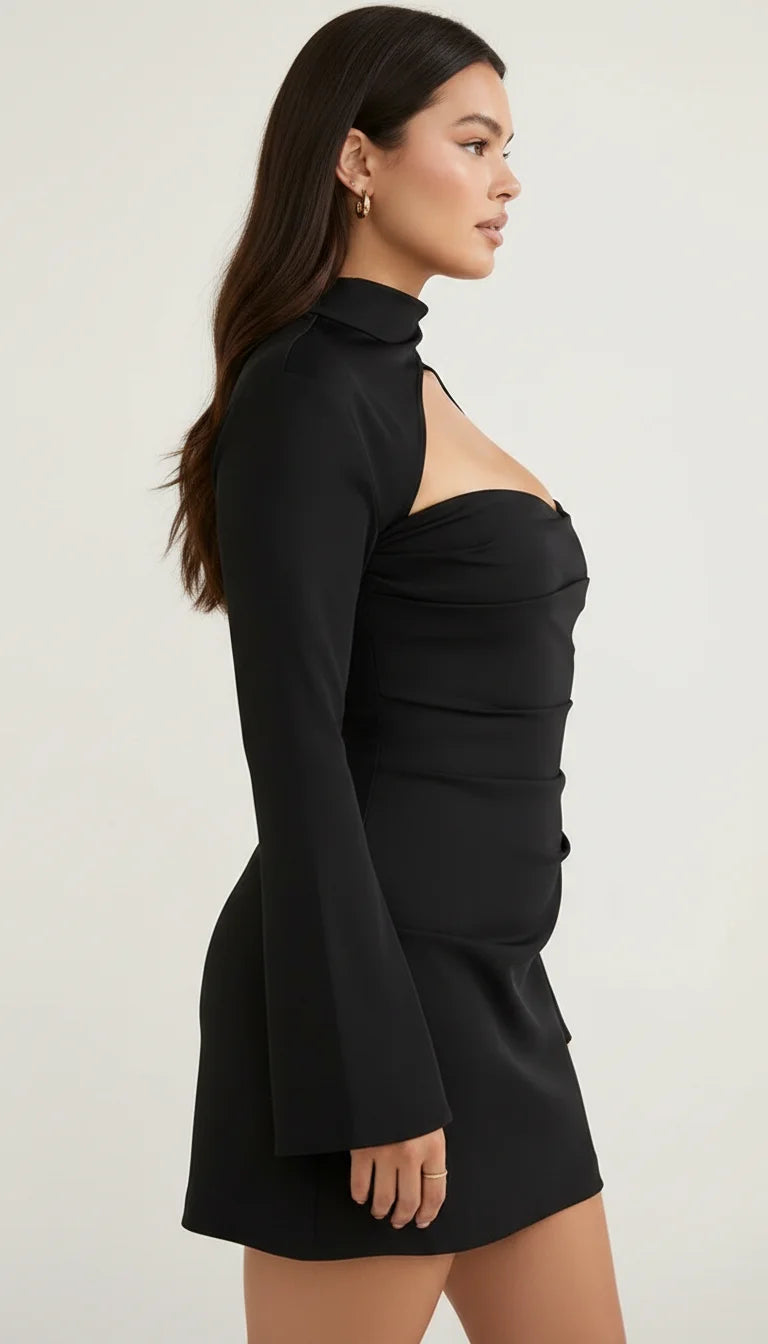 Robe Corset Découpes Noire Satinée - Vue profil