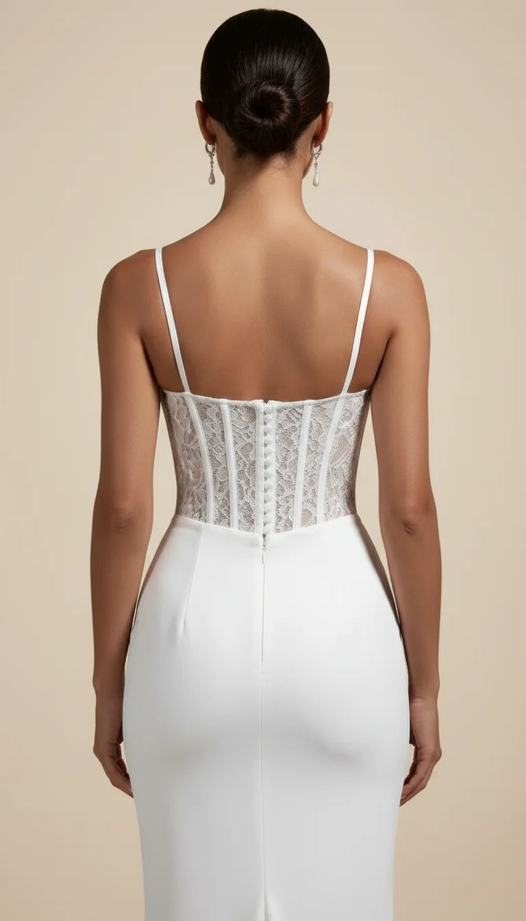 Robe Corset Dentelle Asymétrique Blanc Pur - Vue dos