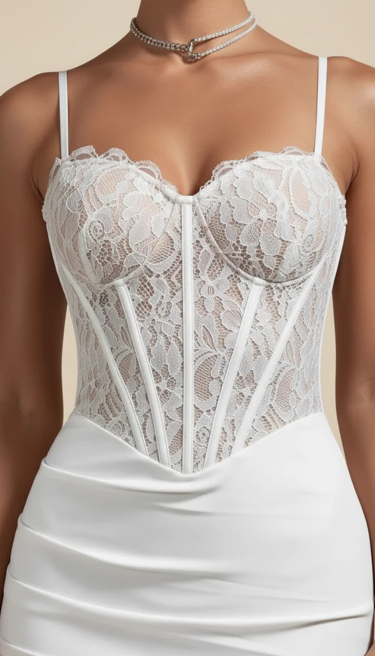 Robe Corset Dentelle Asymétrique Blanc Pur - Vue face