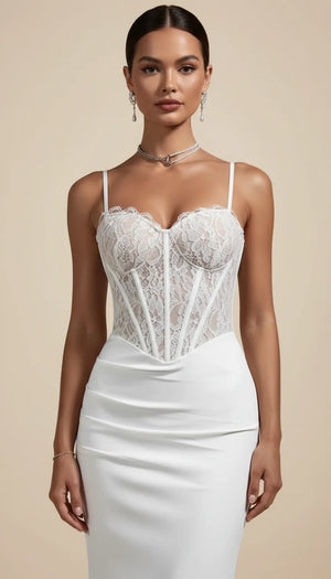 Robe Corset Dentelle Asymétrique Blanc Pur - Vue principale