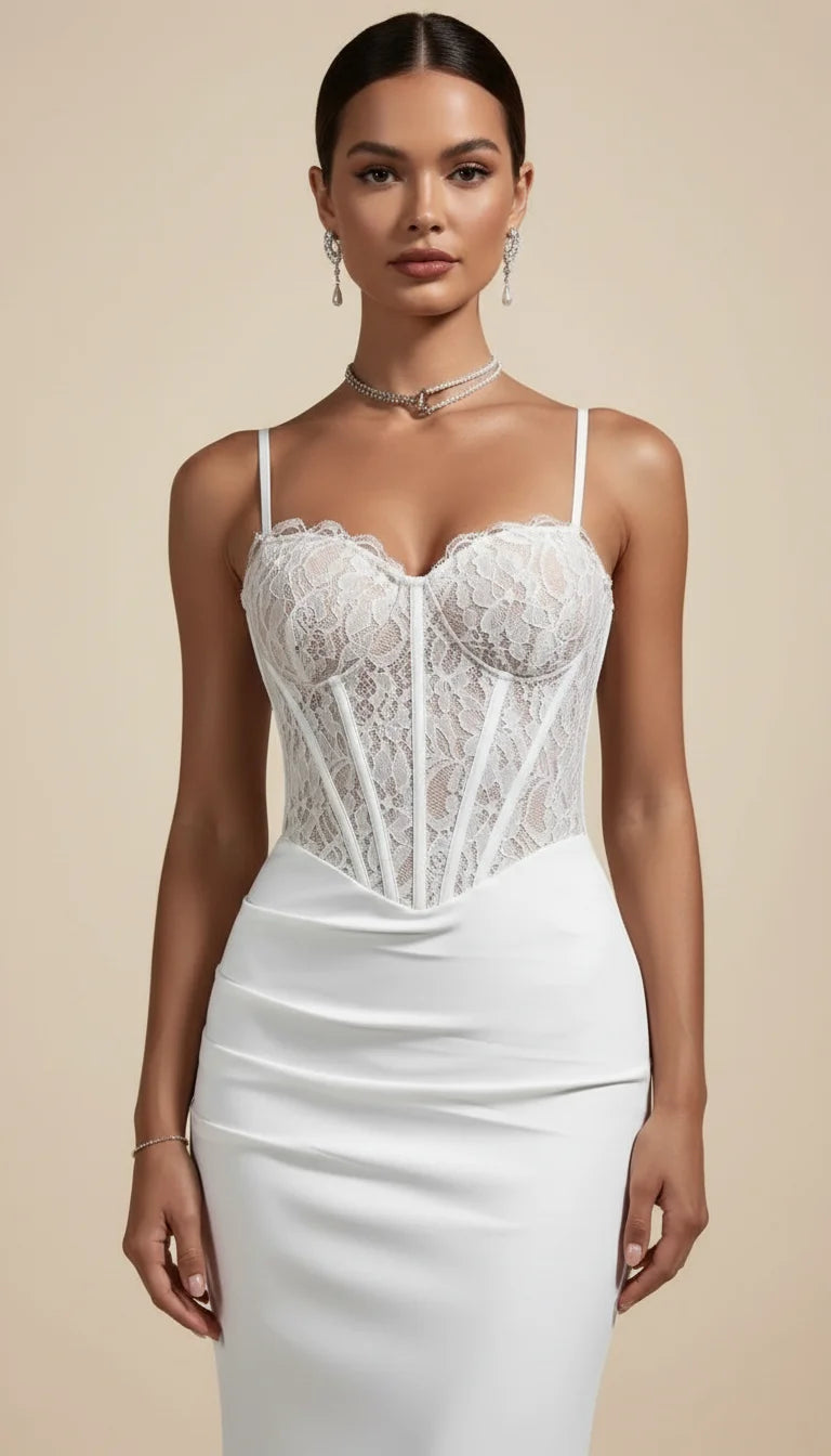 Robe Corset Dentelle Asymétrique Blanc Pur - Vue principale
