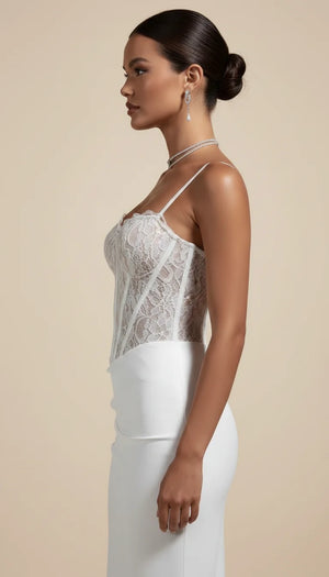 Robe Corset Dentelle Asymétrique Blanc Pur - Vue profil
