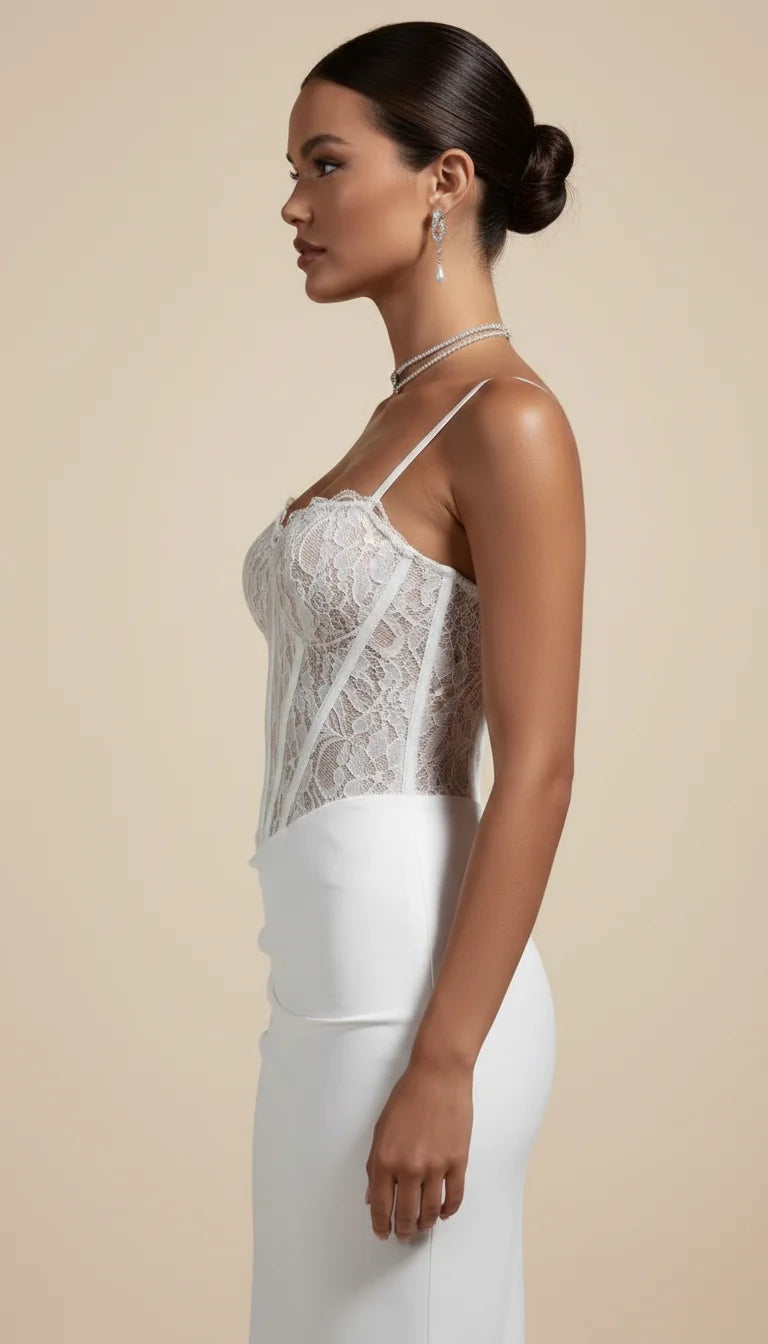 Robe Corset Dentelle Asymétrique Blanc Pur - Vue profil