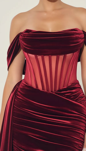 Robe Corset Drapée Velours Bordeaux - Vue face