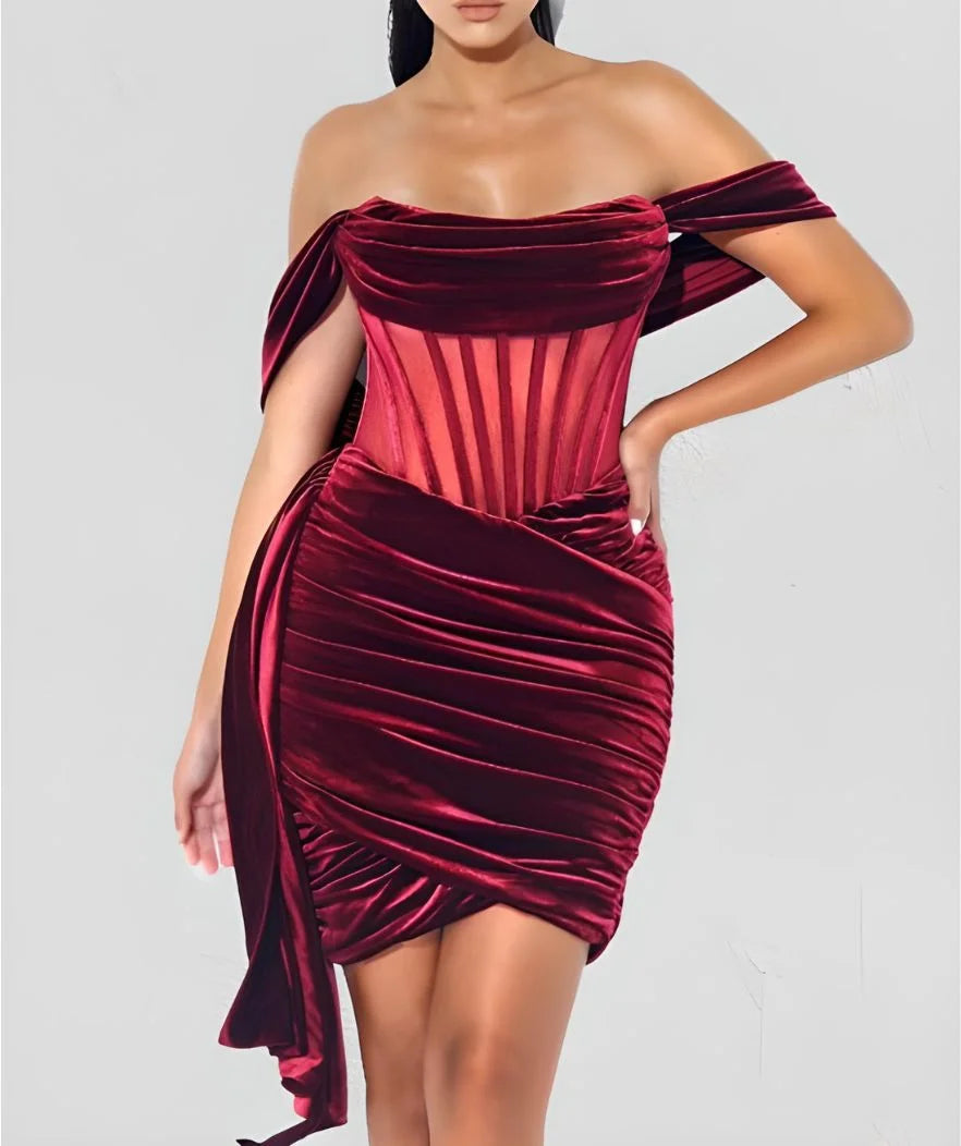 Robe Corset Drapée Velours Bordeaux