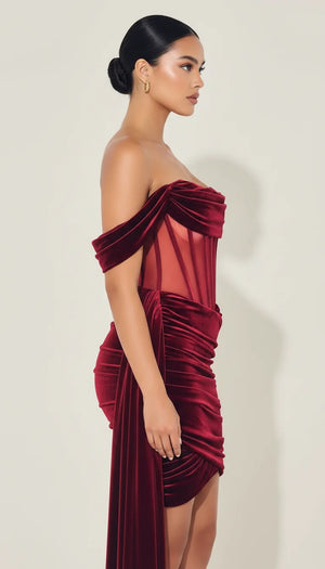 Robe Corset Drapée Velours Bordeaux - Vue profil