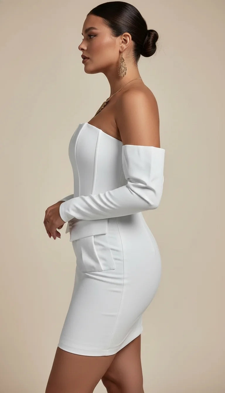 Robe Corset Épaules Dénudées Blanc Pur - Vue profil