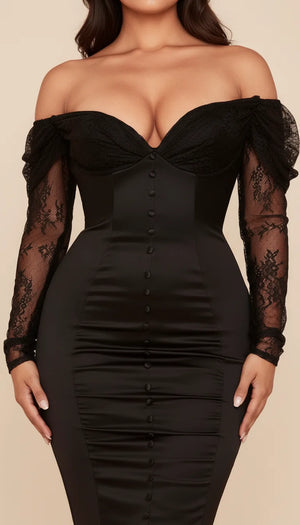 Robe Corset Épaules Dénudées Dentelle Noire - Vue face