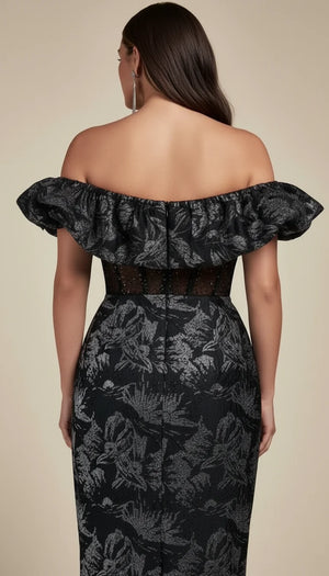 Robe Corset Épaules Dénudées Jacquard Noir Argenté - Vue dos