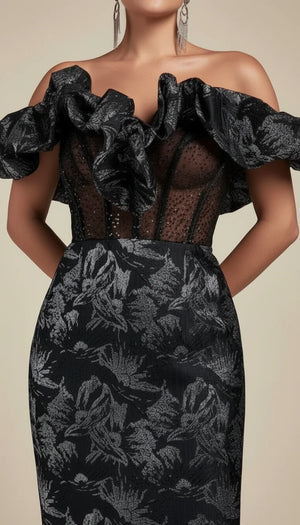 Robe Corset Épaules Dénudées Jacquard Noir Argenté - Vue face