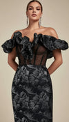 Robe Corset Épaules Dénudées Jacquard Noir Argenté
