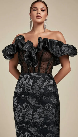 Robe Corset Épaules Dénudées Jacquard Noir Argenté - Vue principale