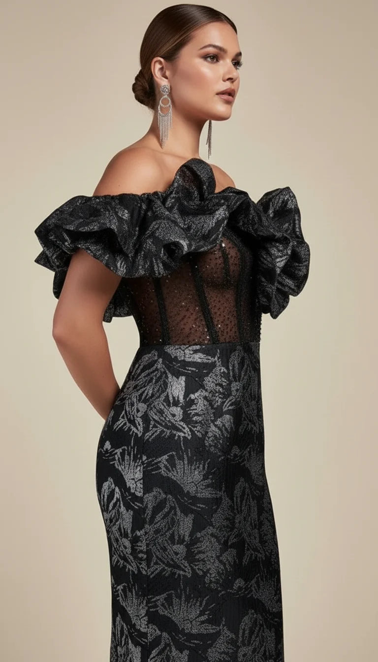 Robe Corset Épaules Dénudées Jacquard Noir Argenté - Vue profil